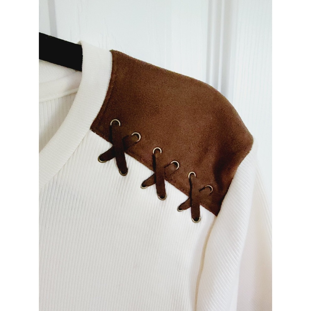 Lauren Ralph Lauren M Cream Ribbed Knit Suede Lace Up Shoulder Top Medium - Picture 6 of 9